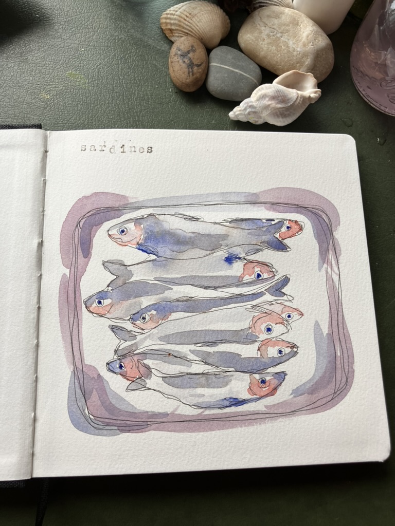 Ink and watercolour, sardines