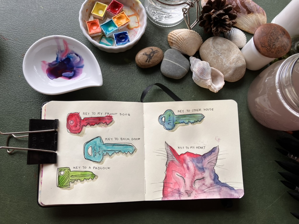 Ink and watercolour, keys and a cat