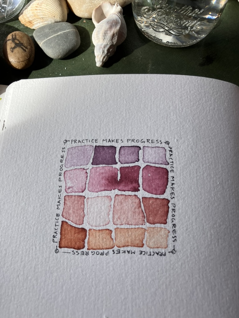 Ink and watercolour, a colour study with the quote Practice makes progress