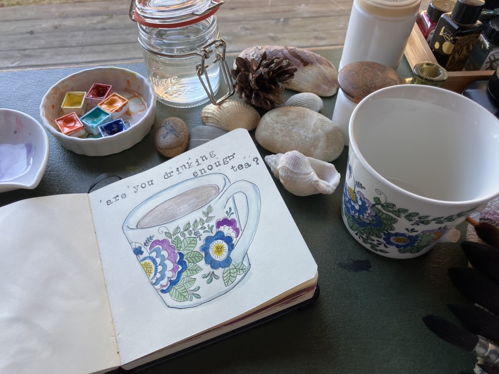 Ink and watercolour, a teacup and quote
